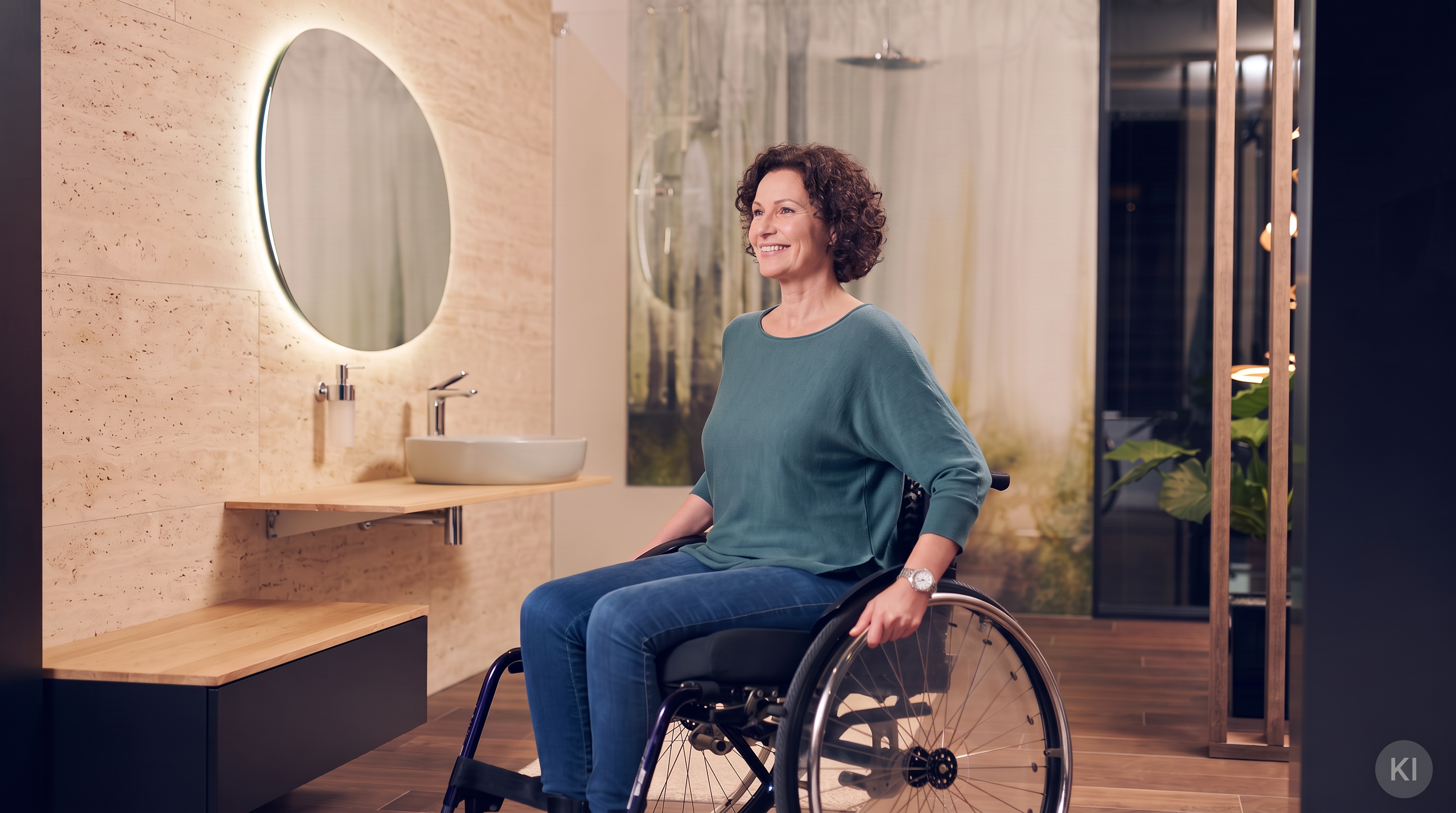 KI-bearbeitete Illustration einer Frau im Rollstuhl im Badezimmer
