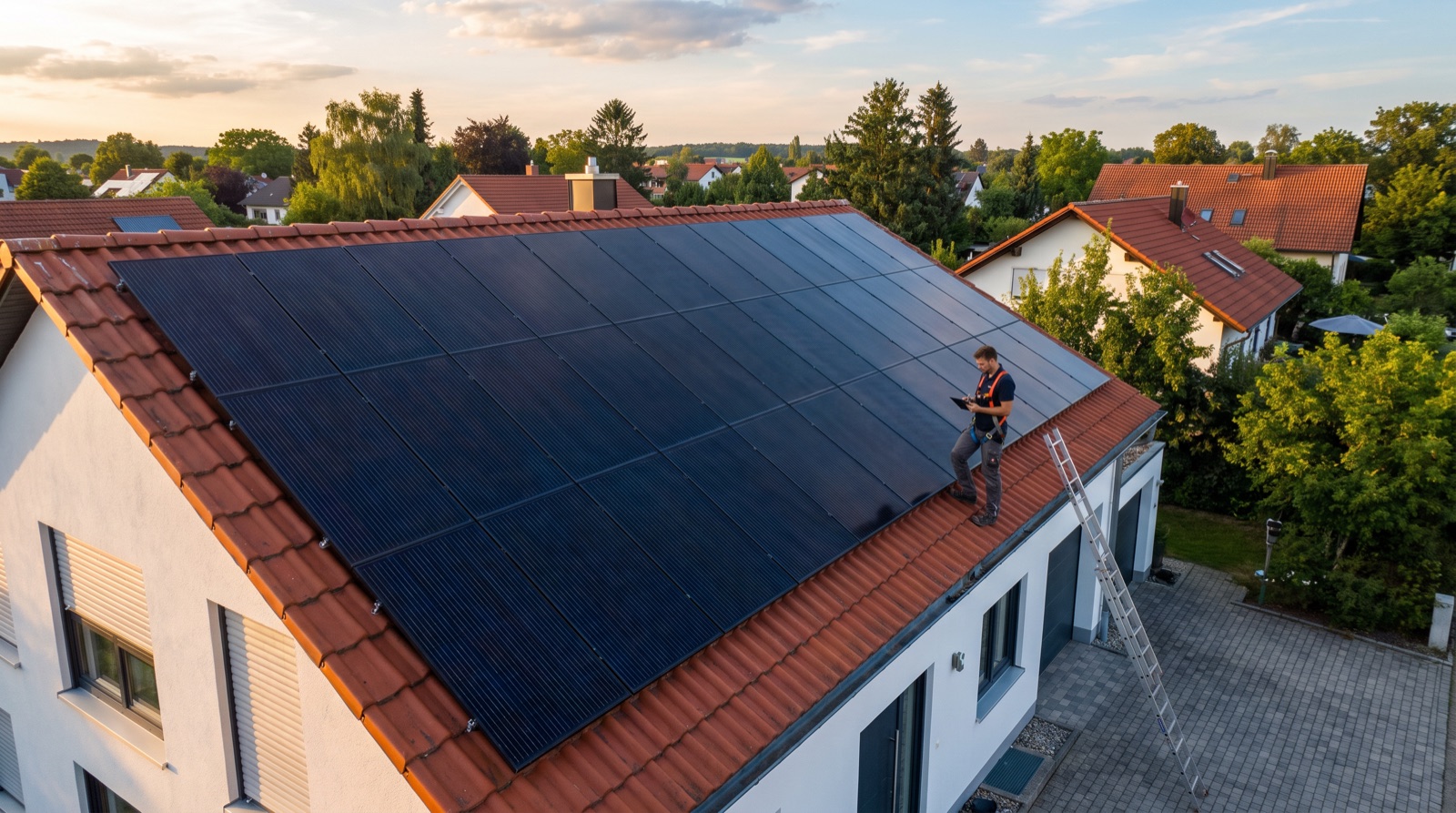 Techniker mit Sicherungsgurt steht neben einer fertig installierten Photovoltaikanlage auf dem Dachziegel und prüft ein Tablet