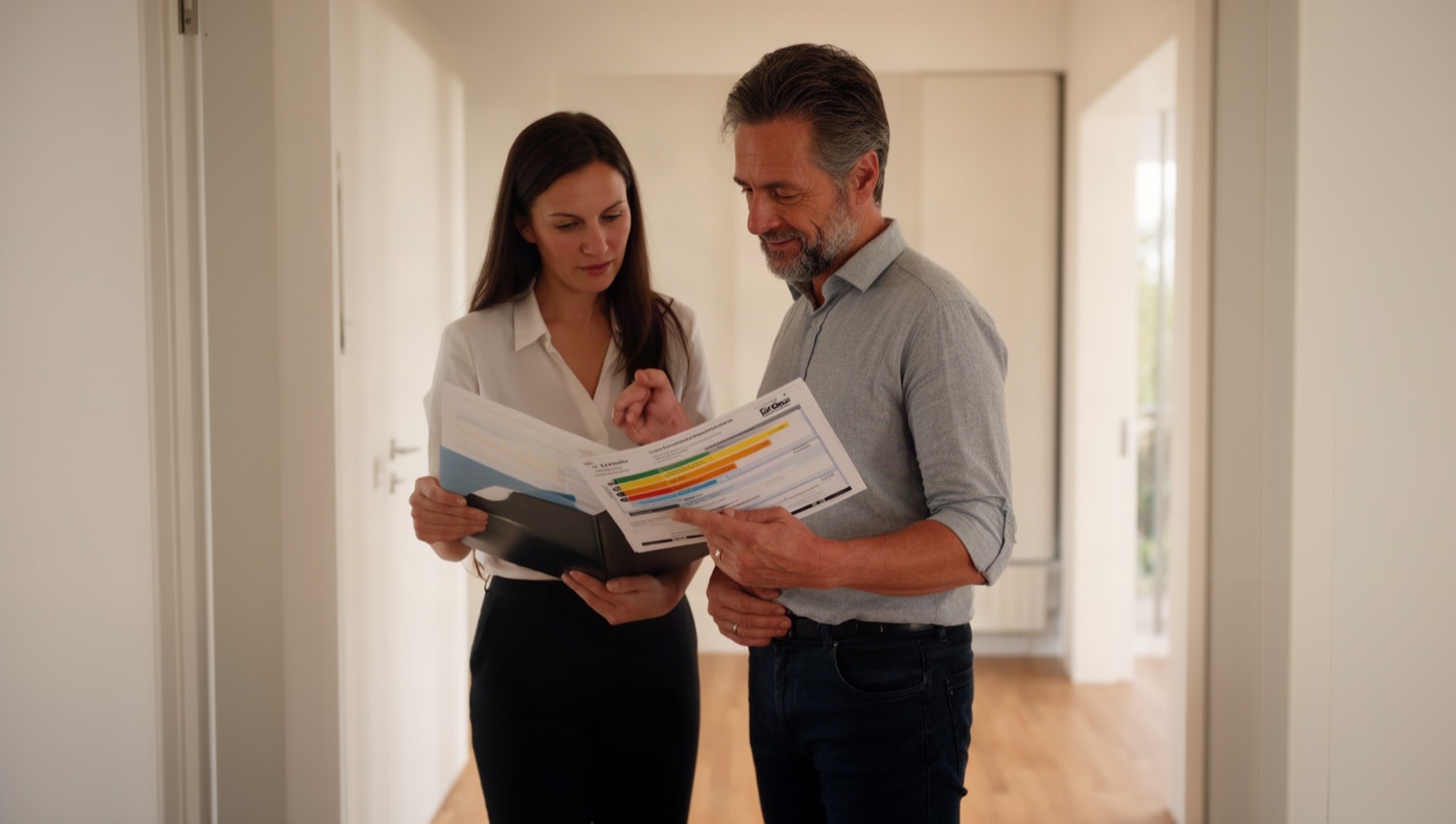 Maklerin und Hausbesitzer betrachten gemeinsam einen Energieausweis mit Effizienzskala im Hausflur