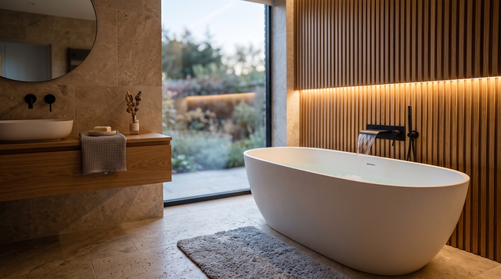 Elegantes modernes Bad mit freistehender Badewanne und mattschwarzer Armatur