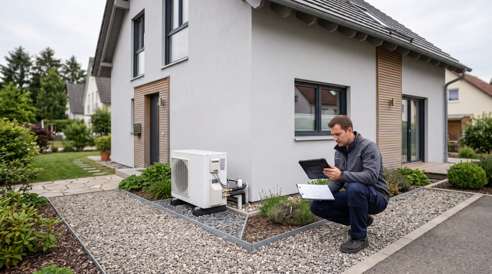 Wärmepumpe an einem Einfamilienhaus, Techniker prüft Förderunterlagen auf einem Tablet