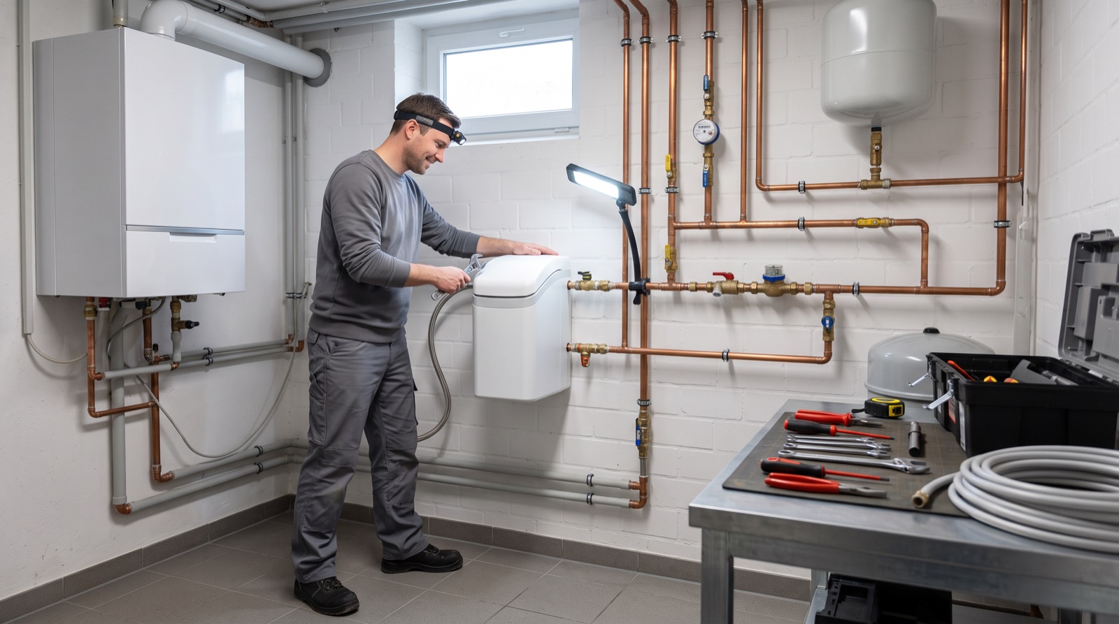 Techniker installiert eine Wasseraufbereitungsanlage im Hauswirtschaftsraum