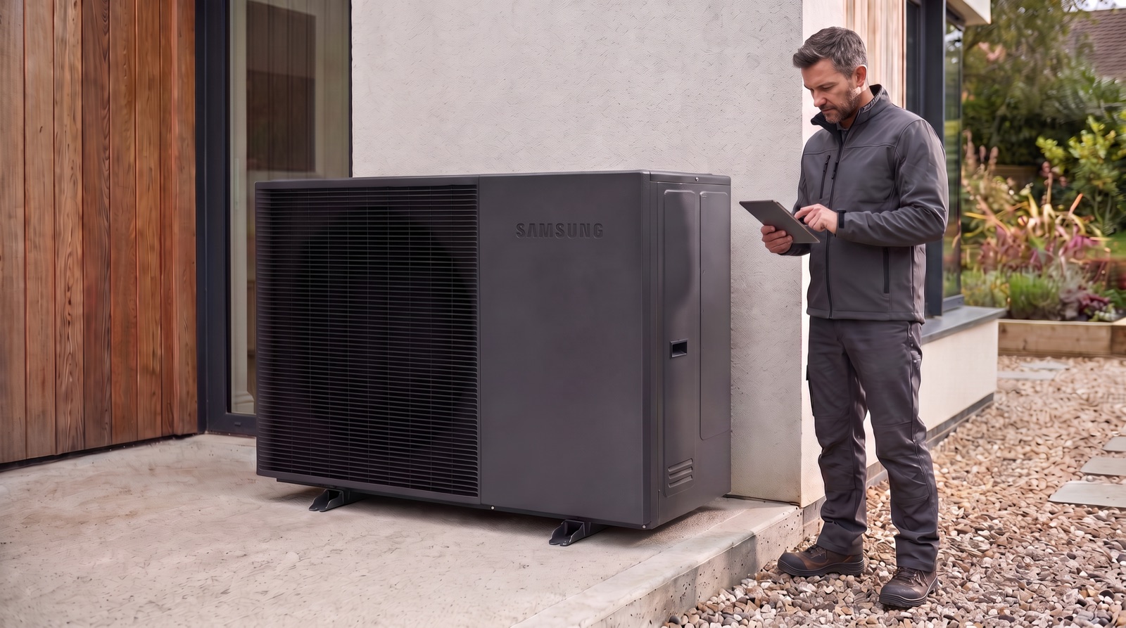 Techniker prüft mit einem Tablet ein Samsung EHS Quint Außengerät an der Fassade eines modernen Wohnhauses