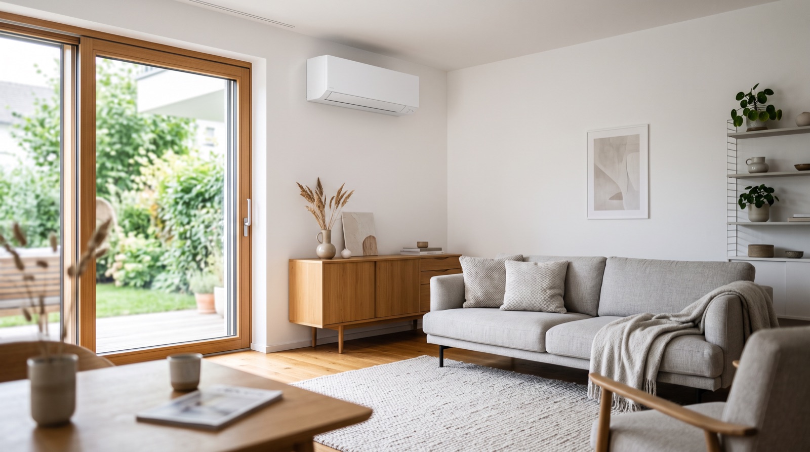 Modernes Wohnzimmer mit schlankem, wandmontiertem Klimagerät