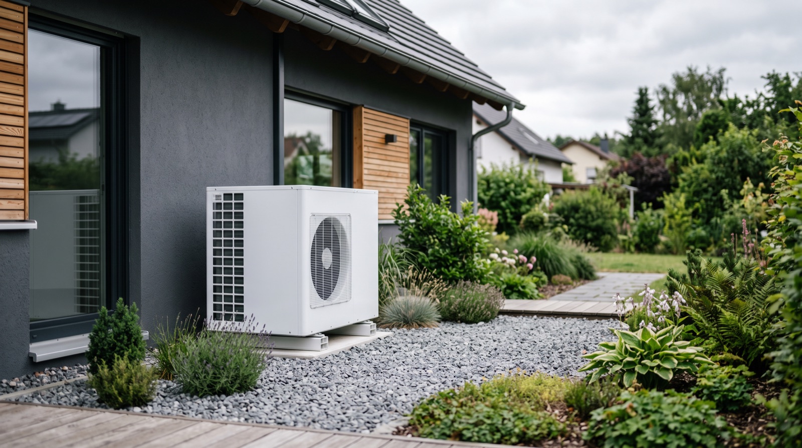 Kompakte Luft-Wasser-Wärmepumpe an einem modernen Einfamilienhaus