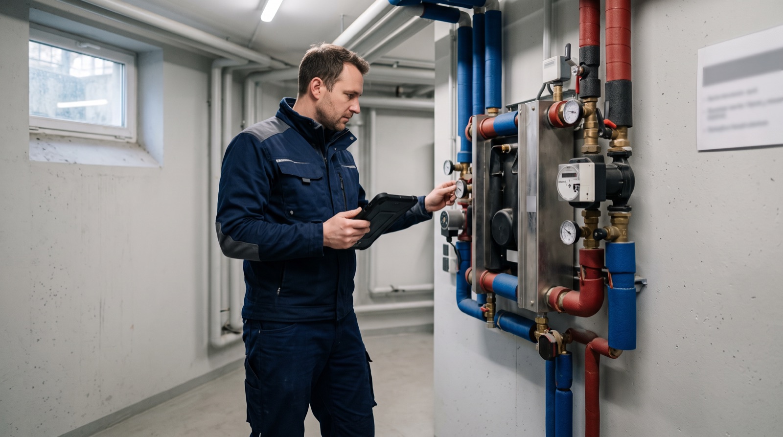 Techniker prüft eine Fernwärme-Übergabestation mit Wärmezähler und gedämmten Leitungen im Technikraum eines Wohnhauses
