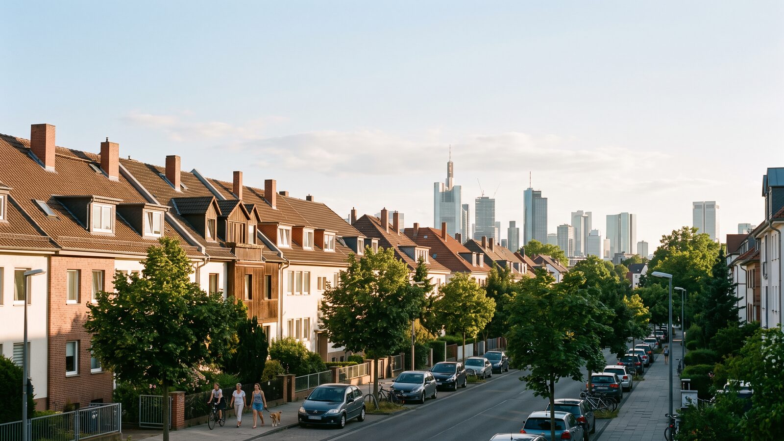 Frankfurter Wohnstraße mit Altbauten und Ziegelschornsteinen, im Hintergrund die Hochhäuser der Skyline