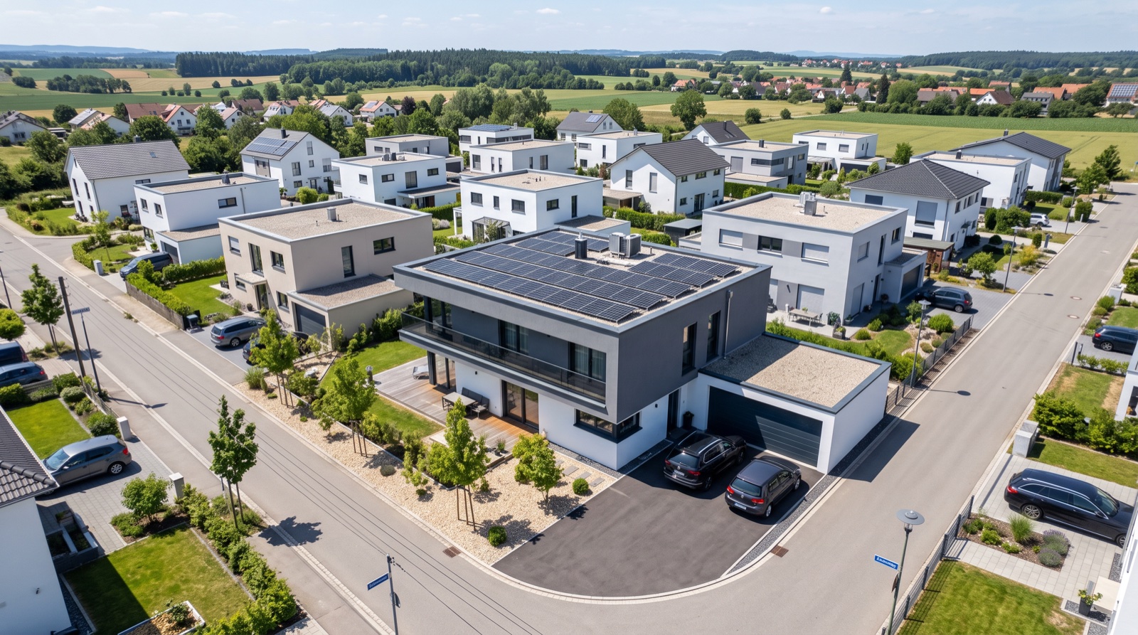Photovoltaikanlage auf einem Einfamilienhaus in Frankfurt aus der Vogelperspektive